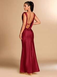 SHEIN BAE Solid Color Elegant Plunge Neckline Backless Tie Strap Mermaid Hem Sexy Sling Dress, Suitable For Cocktail Party, Romantic Date, Autumn/Winter Base Layer Dress, Party, Wedding Bridesmaid Dress, Night Out Dress, Halloween Dress, Christmas Dress - Burgundy - View 5