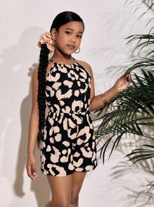 SHEIN SLAYR Tween Girl Tween Girls 编织碎花吊带连体裤，度假风格，时尚优雅的法式风格，回到校园 - 黑色 - 查看 5