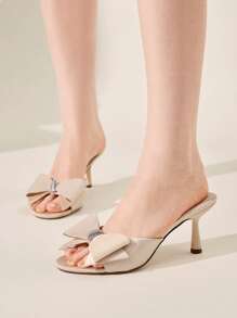 CUCCOO CHICEST Women's Elegant Peep Toe Crystal Bow Embellished Wedge High Heel Sandals, Sweet Romantic Faux Leather Ladies Slip On Shoes, Suitable For Summer Wedding, Party, Tea Date, Holiday - Beige - View 1