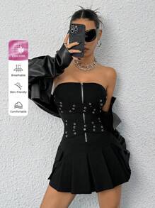 SHEIN ICON Cross Puckered Bib Overall Dress With Eyelet Trim And Stand-Up Collar - Black - View 10