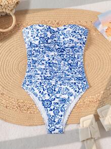 Swim Vcay Springbreak Women Random Print Ruched Bandeau One Piece Swimsuit, Vacation Beach For Summer - Blue and White - View 6