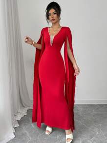 Elenzga Red Beaded Mesh Patchwork Mermaid Hem Bodycon Dress - Red - View 5