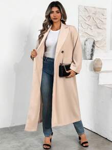 SHEIN LUNE Plus Size Long Solid Color Double-Breasted Minimalist Coat Fall Winter Cloth For Women Autumn - Apricot - View 3