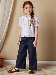 Blossori Young Girls' White Woven Shirt With Ruffled Hem, French Elegant Style For Spring/Summer - White - View 5