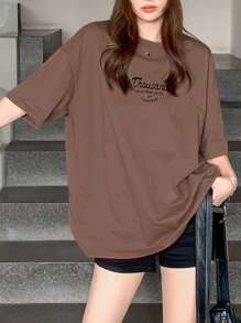 DAZY Women's Drop Shoulder Slogan Printed T-Shirt Summer Oversized T-Shirt - Coffee Brown - View 3