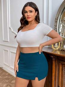 SHEIN Privé 大码高腰开衩裙裤 - 墨綠色 - 查看 4