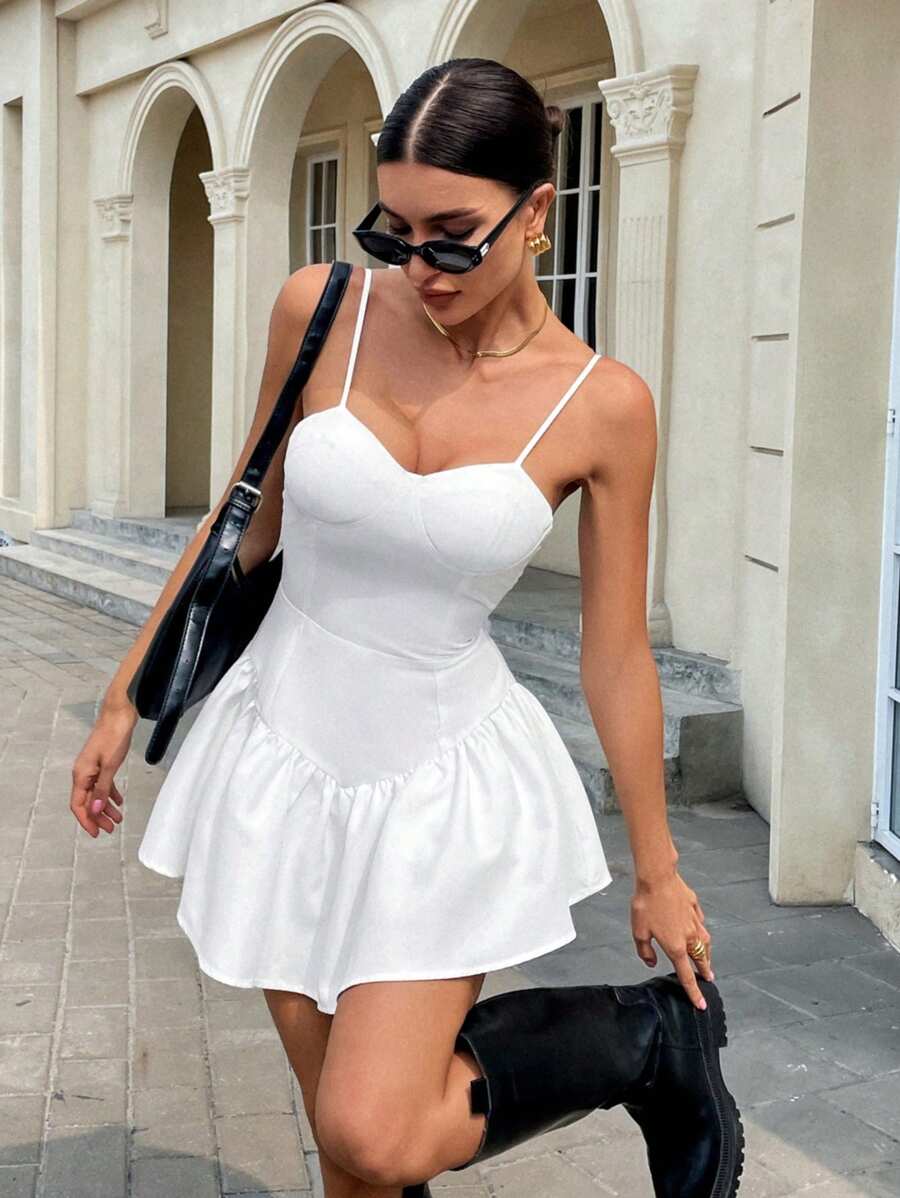 SHEIN Essnce Short White Dress, Elegant White Dresses, Elegant Solid Color White Dress With Waist Strap, Mini Dress For Women. - White - View 1