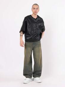 SUMWON Leather Effect Jersey Athletic Top Oversized Football Style Jersey Number 03 Design Streetwear Casual Urban Fashion Sports Inspired Fall Winter - Black - View 6