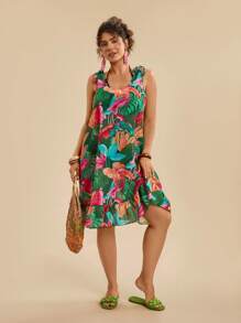 Travachic Plus Size Women Vacation Casual Tropical Plant Print Green Beach Cover Up Twist Shoulder Loose Dress, Summer Country Concert Outfit, Beach Dress, Holiday Clothes, Vacation Outfits Woman, Festival