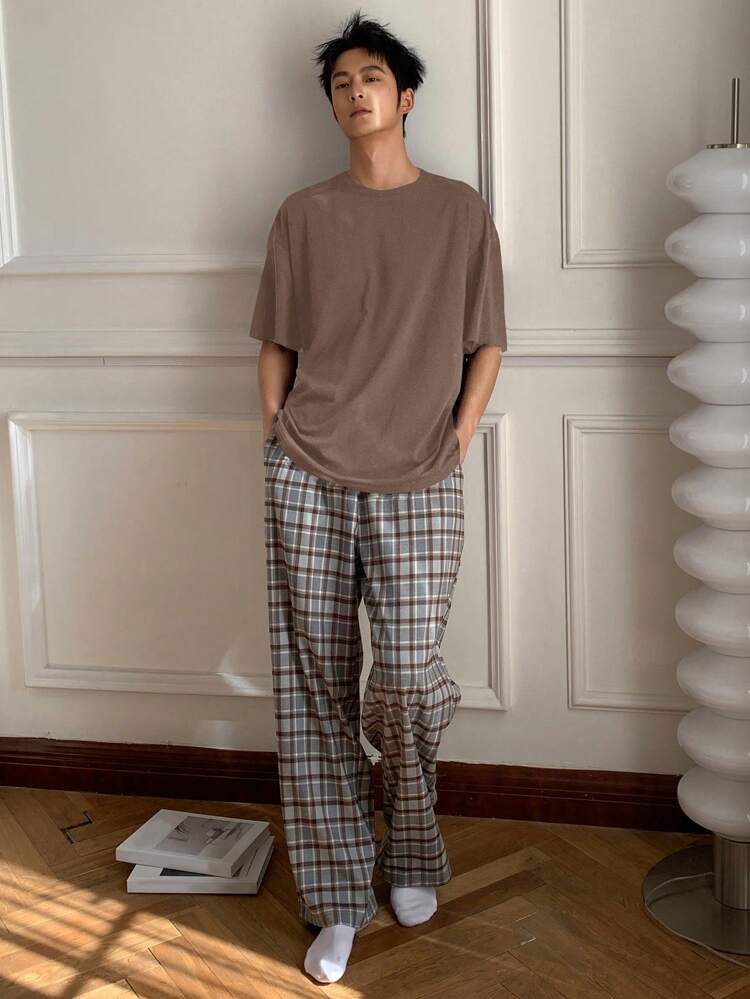 Men's Summer Solid Color Short Sleeve T-Shirt And Retro Plaid Shorts 2 Pieces Home Wear Set Pajama