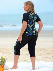 Swim Lushoire 加大码 2 件女式树叶印花拼接上衣和长款泳裤，黑色拼接圆领无袖比基尼套装，海滩度假 - 彩色 - 查看 3