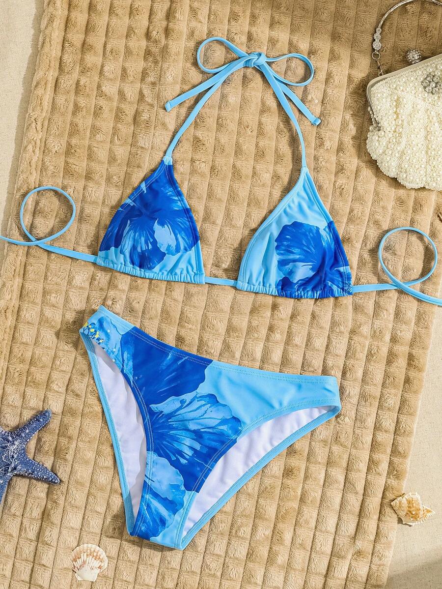 Swim Chiccia Springbreak 2025 女士夏季沙滩花卉印花露背系带性感比基尼两件套泳衣套装 - 藍色 - 查看 1