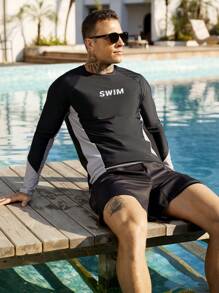 Manfinity Swimmode 2pcs/Set Men Letter Print Round Neck Raglan Sleeve Top And Shorts Swimsuit Set - Multicolor - View 3