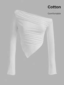 SHEIN ICON Y2K Grunge 露肩褶饰手帕下摆 T 恤 - 白色 - 查看 3