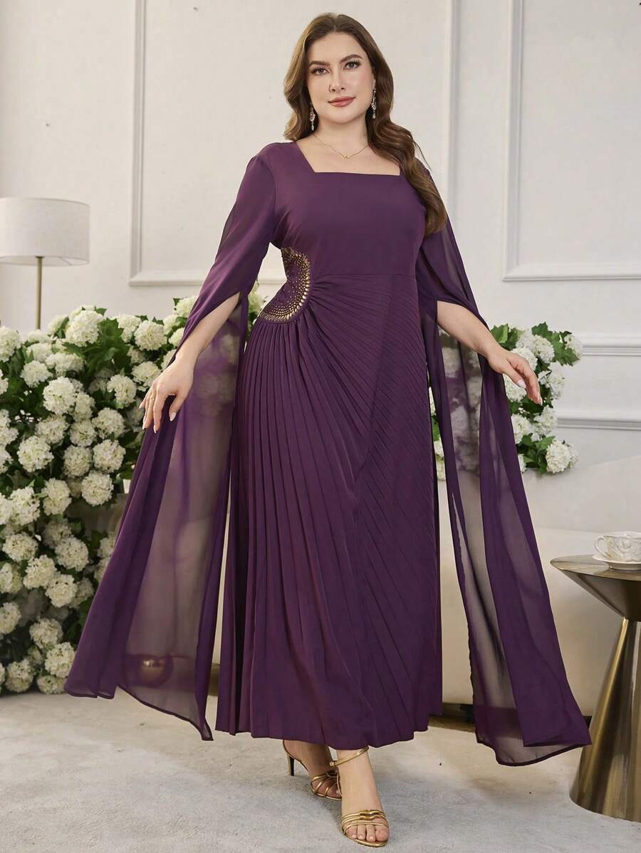 Modelyn 大码女式方领长款雪纺袖褶饰水晶缀饰不对称下摆优雅派对连衣裙 - 紫色 - 查看 1