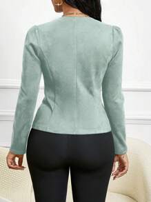 SHEIN Lady 四季/教堂服装/秋冬绒面黑色纽扣细节开襟夹克 - 薄荷綠 - 查看 3