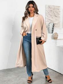 SHEIN LUNE Plus Size Long Solid Color Double-Breasted Minimalist Coat Fall Winter Cloth For Women Autumn - Apricot - View 1