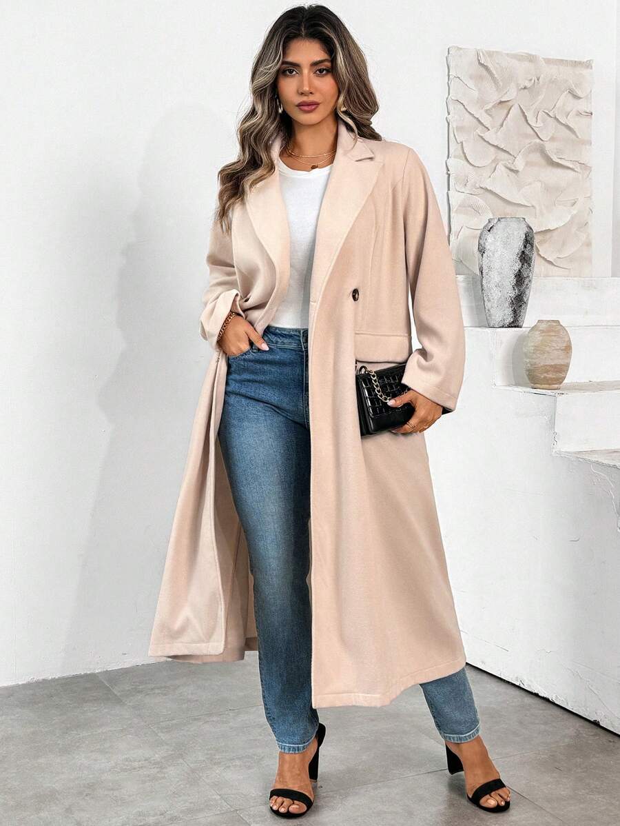 SHEIN LUNE Plus Size Long Solid Color Double-Breasted Minimalist Coat Fall Winter Cloth For Women Autumn - Apricot - View 1