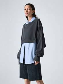 LYSMO 女士休闲落肩纯色短款运动衫，春秋季节，七分袖上衣 - 灰色 - 查看 4