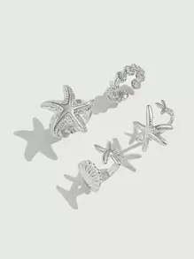ROMWE Goth 4 件时尚海洋主题戒指，光泽海星和贝壳几何金属戒指，金色开口鸡尾酒戒指，送给女性/女儿/妻子的礼物 - 銀色 - 查看 2