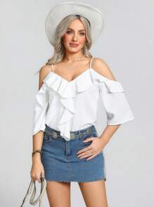 SHEIN LUNE חולצת קפיצי קפיצים בצבע אחיד לנשים - לבן - ראה 4