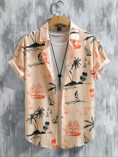Manfinity RSRT Men's Vacation Palm Tree Printed Casual Short Sleeve Shirt , Beach Shirt For Men , Beach Men Shirt