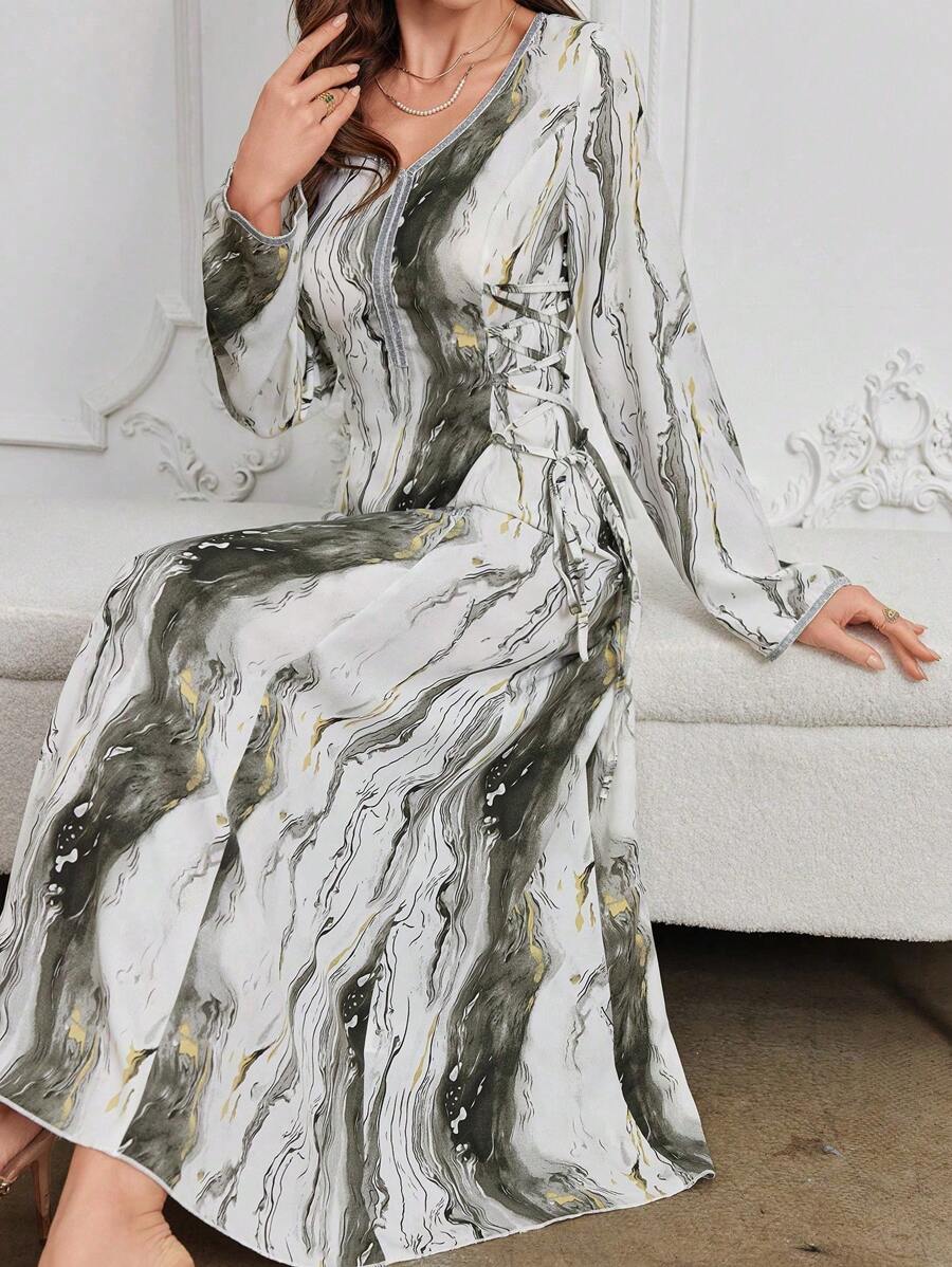 Al Najma 女士优雅保守花卉系带长裙，宽松阿拉伯风格