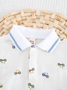 Cozy Pixies 2pcs Baby Boy Set: Cartoon Animal Print Lapel Short Sleeve Top And Elastic Waist Shorts
