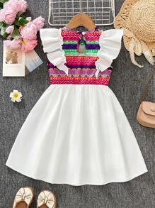 Young Girl Ruffle Trim Short Cap Sleeve Printed A-Line Dress - White - View 2