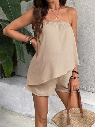 SHEIN Set de 2 piezas de top tubo y shorts asimétricos de unicolor para maternidad