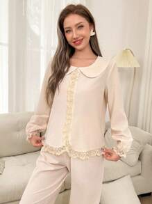 Dream Adore Set de pijamale cu mâneci lungi și pantaloni cu guler Peter Pan din dantelă