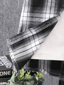 2pcs/Set Tween Boys Casual Plaid Short Sleeve Hooded Shirt & Plaid Patchwork Shorts, Summer - Black - View 4