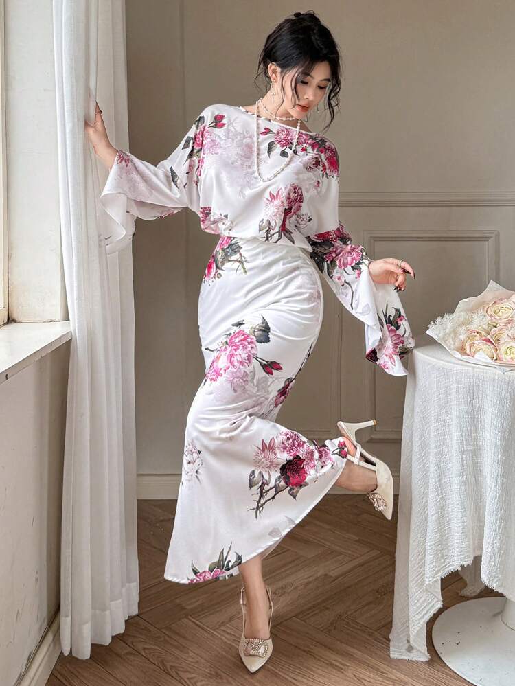 2pcs Set Women Floral Print Chiffon Outfit,Ruffle,Fall Women Clothes Easter