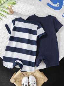 SHEIN Leap Crew 2 pièces/set Salopette et short à manches courtes en tricot avec motif rayé, doux, pour bébé garçon - Bleu et Blanc - Voir 3