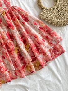 Soleia 女士夏季浪漫粉色花朵印花雪纺褶皱露背双层 A 字迷你连衣裙，适合派对、约会、情人节、下午茶、春季