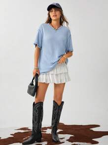 Wildy Ropa informal de verano estilo occidental bohemio para mujeres, atuendo para conciertos de country, camiseta azul casual de corte holgado con dobladillo deshilachado para mujeres