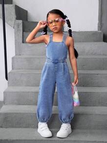 SHEIN 年轻女孩的 Y2K 牛仔无袖连体裤，后背带大蝴蝶结装饰，女童春夏休闲度假乡村波西米亚风服装，春假海滩装女童露背连体裤，音乐会服装，年轻女孩的西部街头服装 - 中等水洗藍 - 查看 5