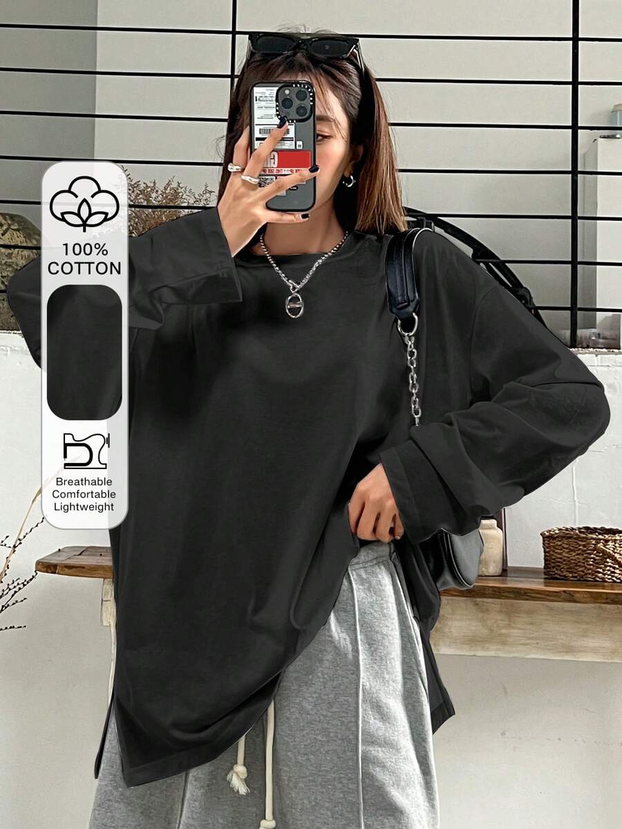 DAZY Áo thun hở vai xẻ tà, quần áo thu đông thời trang nữ dài tay - màu đen - Xem 1