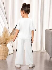 2pcs Young Girl Knitted Solid Color Round Neck Loose T-Shirt And Wide-Leg Pants Set