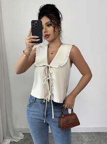 Chiquease 女士蝴蝶结领无袖优雅衬衫 - 卡其色 - 查看 7
