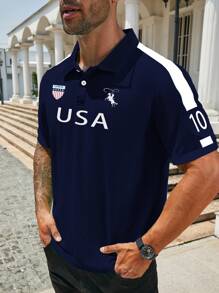 Manfinity Homme Camisa polo de manga corta con estampado de letra y gráfico para hombre de talla grande y casual