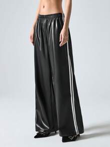 LYSMO Women's Fall Contrast Color Ribbon Striped Leather Sports Trousers Back To School Season Clothing
