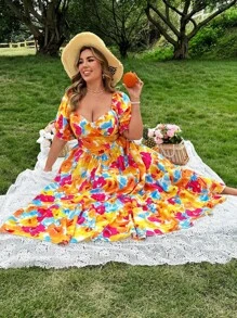 Flirla Váy xòe in hoa tay bồng cỡ lớn - Nhiều màu - Xem 6