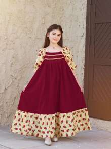 SHEIN Tween Girls' Vacation Casual Color Block Ditsy Floral Puff Sleeve Midi Dress With Square Neckline - Burgundy - View 6