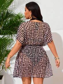 Swim Lushoire 大码女式树叶印花 V 领腰带透明罩衫 - 彩色 - 查看 2