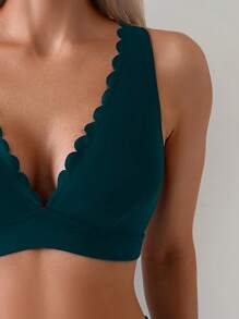 Women's Solid Color Arched Edge Sexy Bikini Swimwear Set, Summer Beach - Teal Blue - View 4