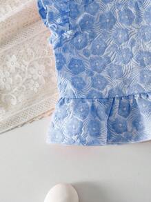 Set de 2 piezas compuesto por blusa jacquard de cuello cuadrado y manga corta elegante para niña joven, y shorts jacquard de cintura elástica y pierna recta