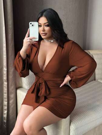 NU&NOW Plus Size Women Red Ruched Tie Lantern Sleeve Bodycon Valentine's Day Dress Fall Cloth For Women