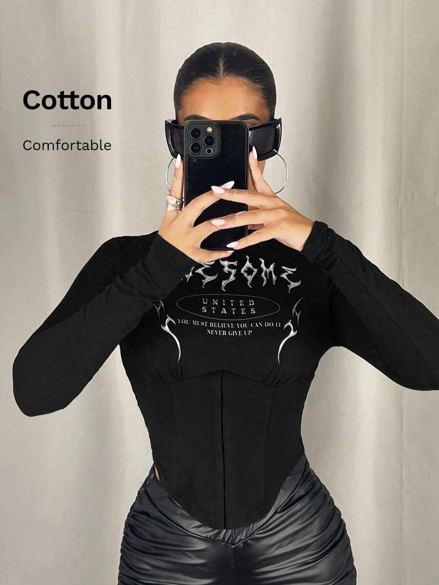 SHEIN ICON Camiseta con cintura apretada impresa para mujer, ESTADOS UNIDOS INCREÍBLE DEBES CREER QUE PUEDES HACERLO NUNCA TE RINDAS - Negro - Ver 1