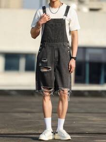 Manfinity Hypemode Men's Casual Grey Denim Ripped Short Overalls With Strap Neckline And Sleeveless Design - Grey - View 7